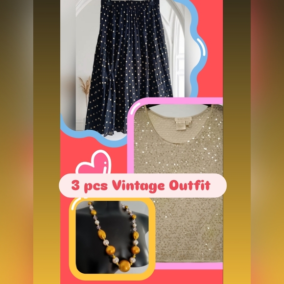 M🛍️3pcs Vintage Outfit Escada Sequin Gold Top, Polka Dot Midi Skirt, Necklace - Picture 2 of 5